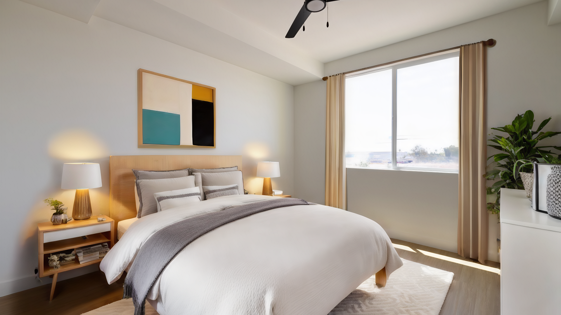 a bedroom with a ceiling fan and a bed at The Blue at Eastline